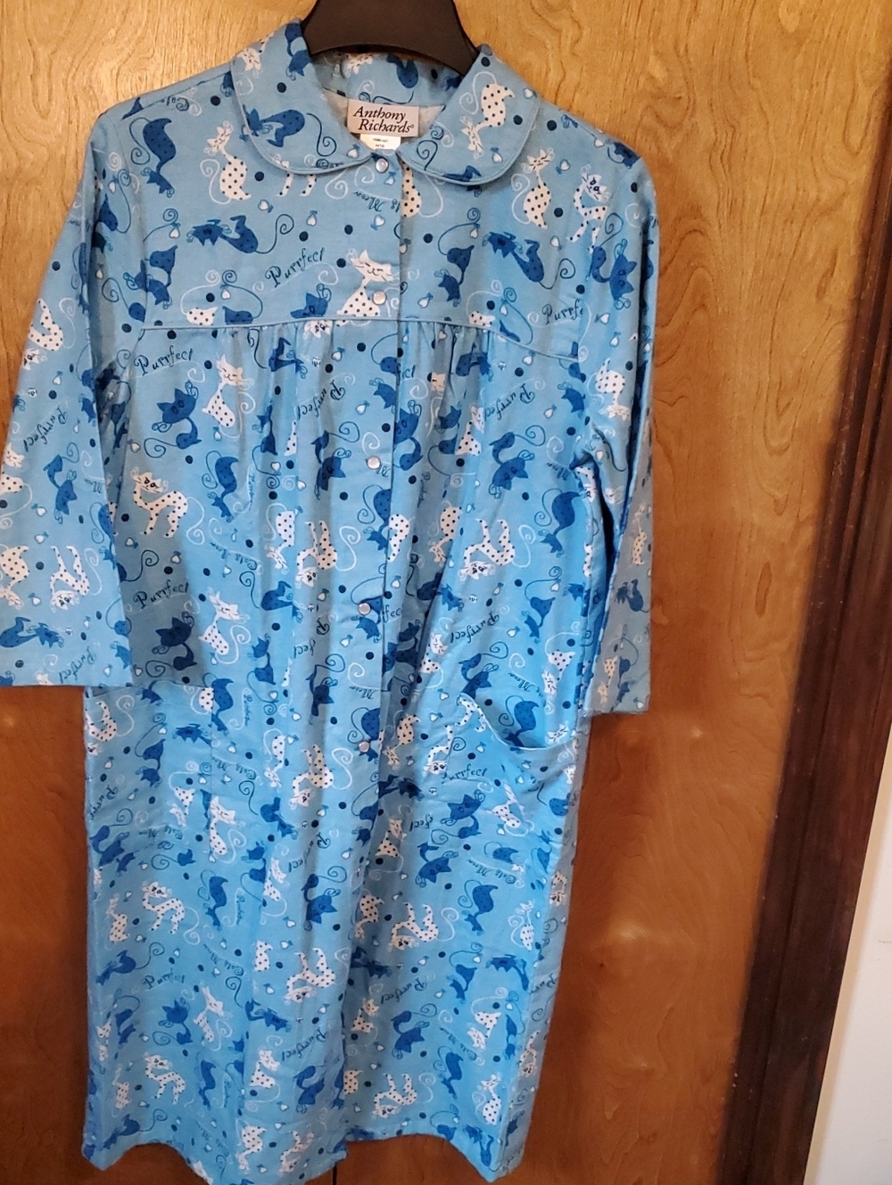 Anthony Richards Womens Light Blue Cat Print Housecoat Size L NWOT